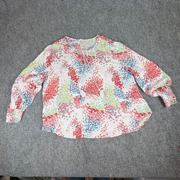 Lucky Brand Blouse Womens 1X Floral Tassel Tie Smocked Sleeve Boho Cottage Flowy - Picture 1 of 14